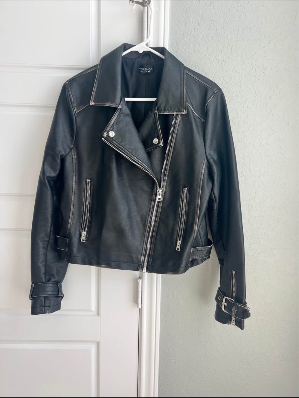 Topshop Black Leather Biker Jacket with Silver Hardware